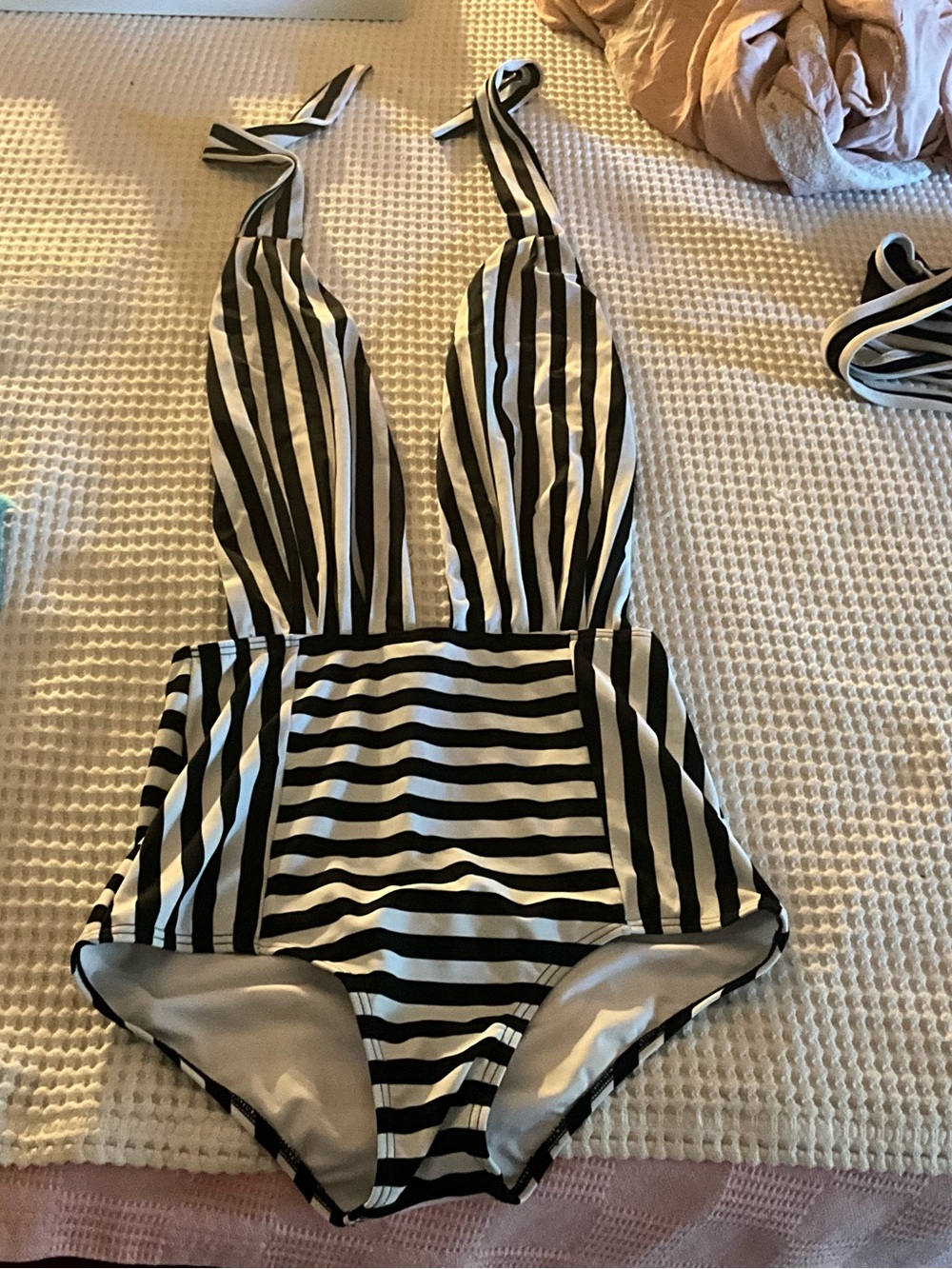 Striped Black & White One-Piece Swimsuit with Plunge Neck